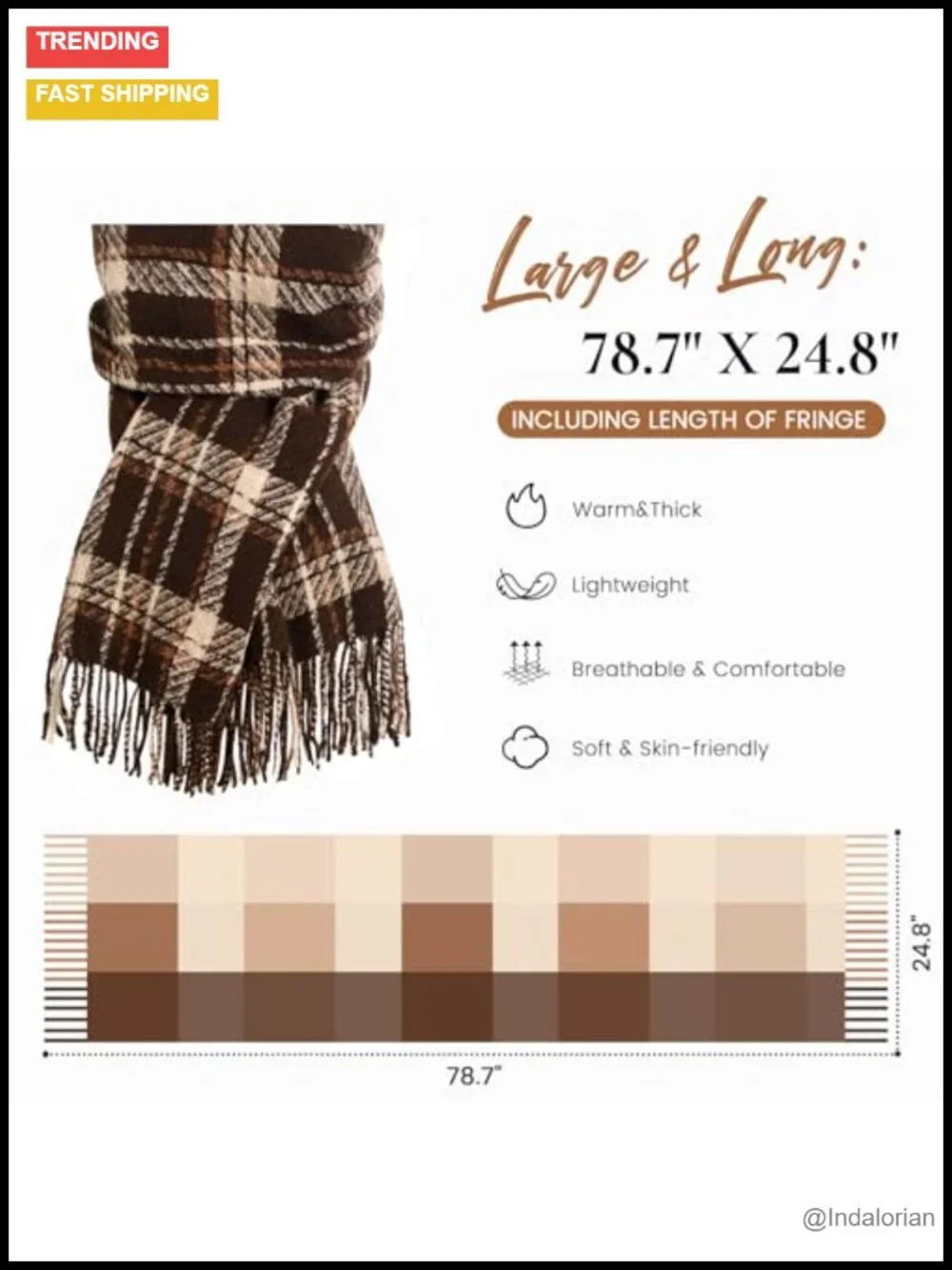 Fashion Plaid Blanket Scarf with Fringe, Long Soft Scarf Shawl Wrap